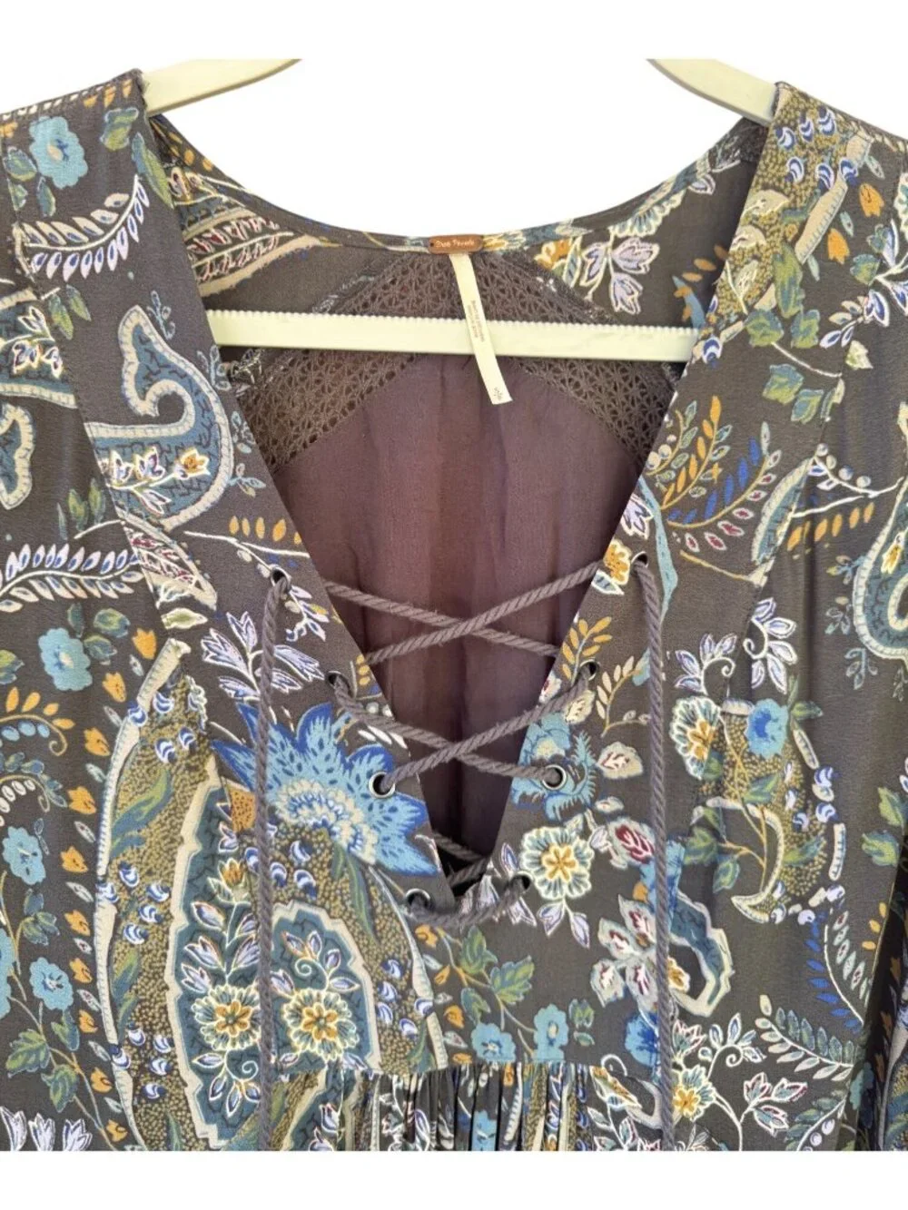 Free People Rain Or Shine Paisley Lace Up Boho Tunic Dress Pockets Size Small